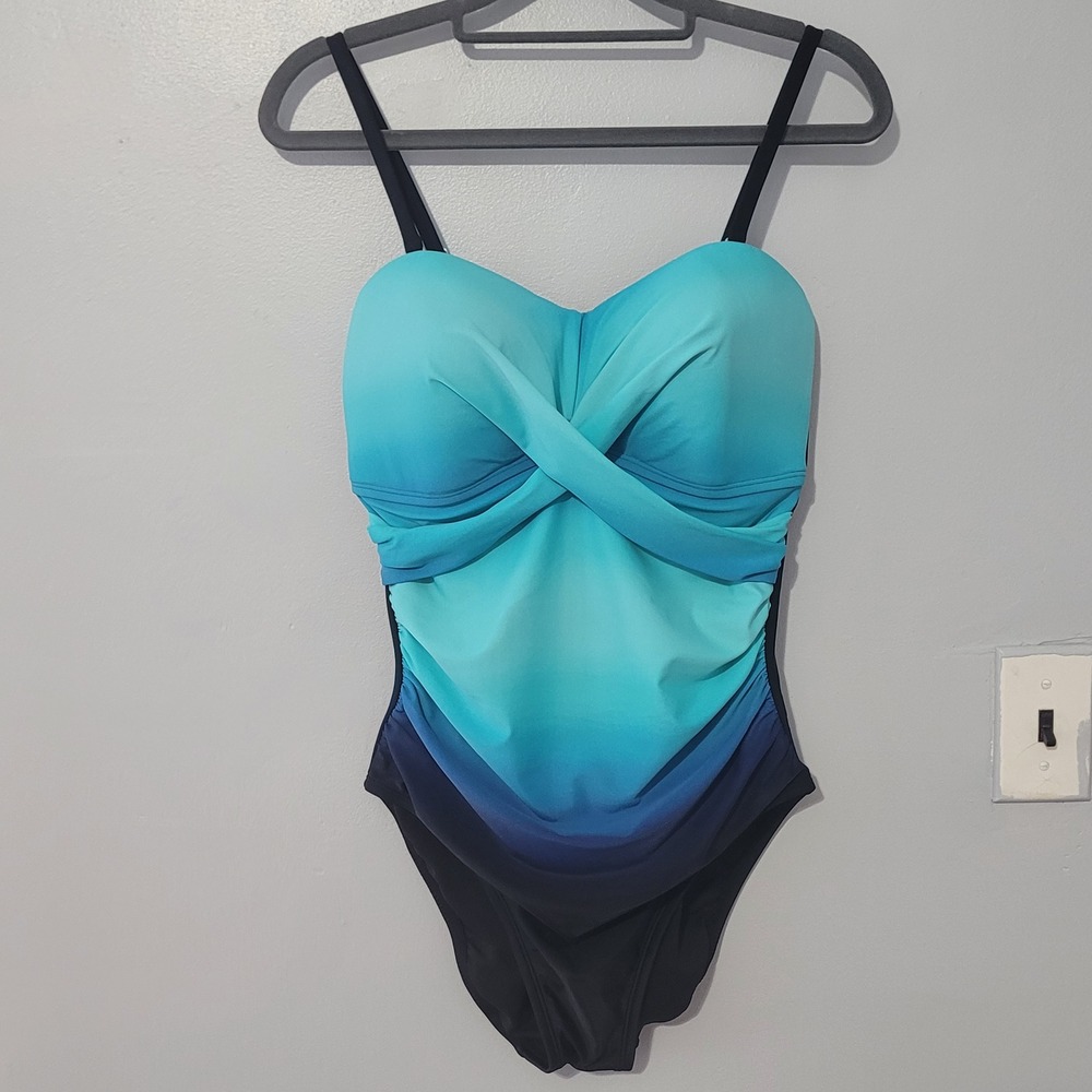 Sonnet Shores Front One Piece Swimsuit Blue Black Size 10 Ombre Twist Front